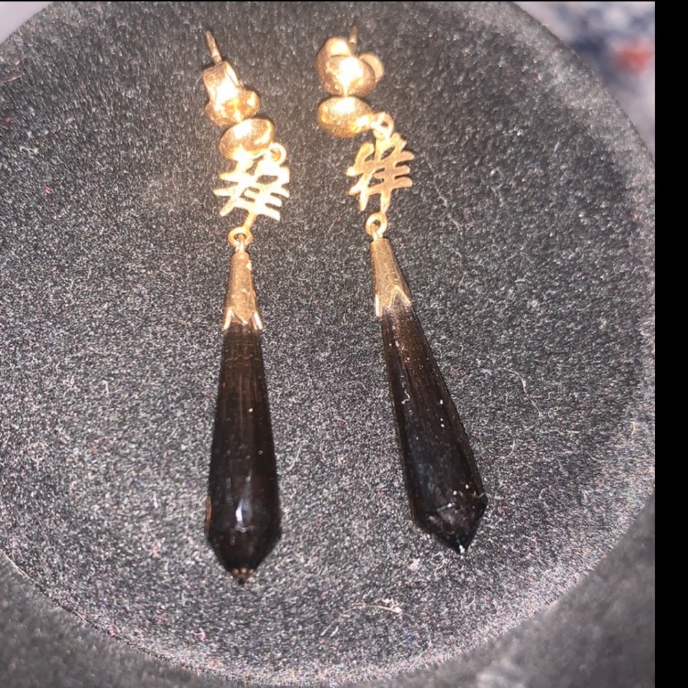 Art Deco antique 14k gold and smokey quartz cylinder drop earrings